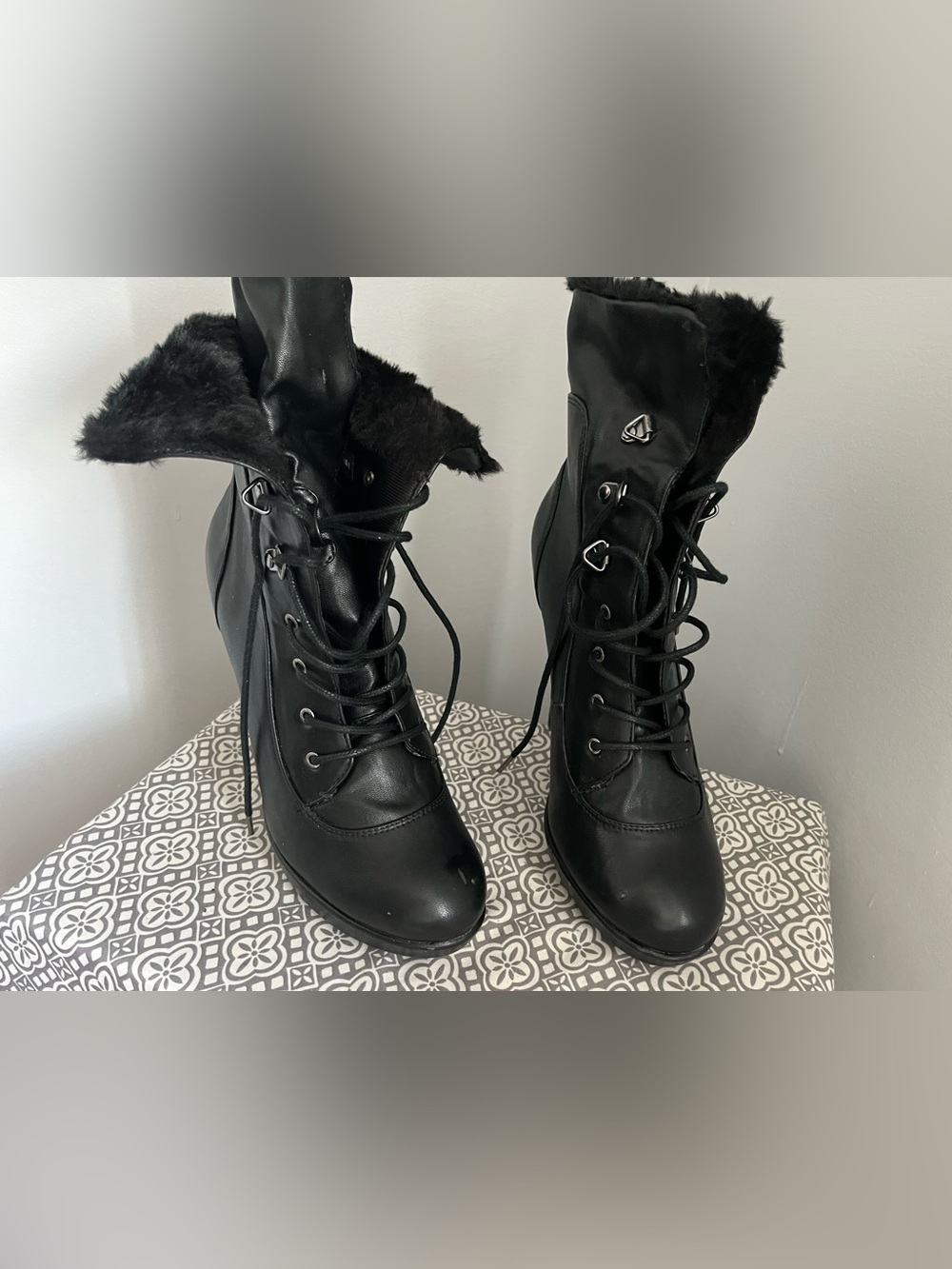 Call It Spring Black Faux-Fur Lace-Up Heeled Boots